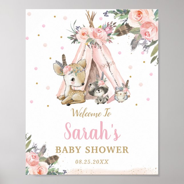 Woodland Animals Boho Tribal Baby Shower Welcome Poster (Front)
