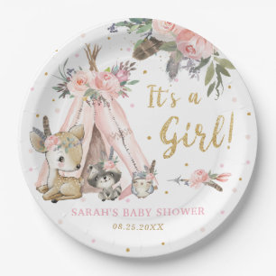 Woodland Animals Boho Tribal Girl Baby Shower  Paper Plate