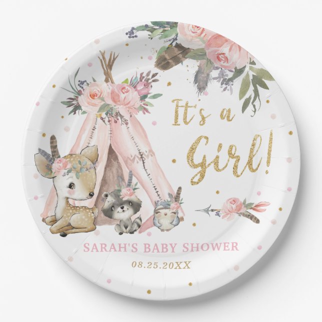 Woodland Animals Boho Tribal Girl Baby Shower  Paper Plate (Front)