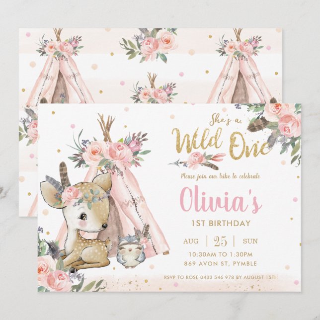 Woodland Animals Boho Tribal Wild One 1st Birthday Invitation (Front/Back)