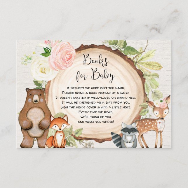 Woodland animals book request girl baby shower enc enclosure card (Front)