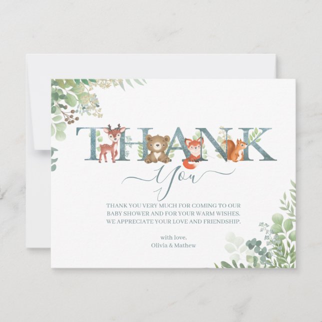 Woodland Animals Botanical Letter Baby Shower Thank You Card (Front)