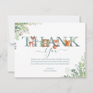 Woodland Animals Botanical Letter Baby Shower Thank You Card