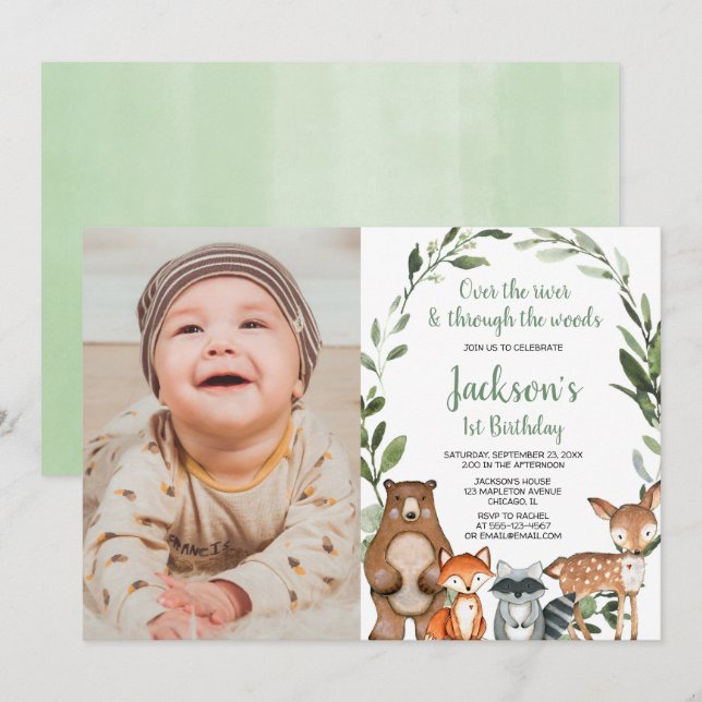 Woodland animals boy girl first 1st birthday photo invitation (Front/Back)