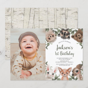 Woodland animals boys 1st birthday photo invitation