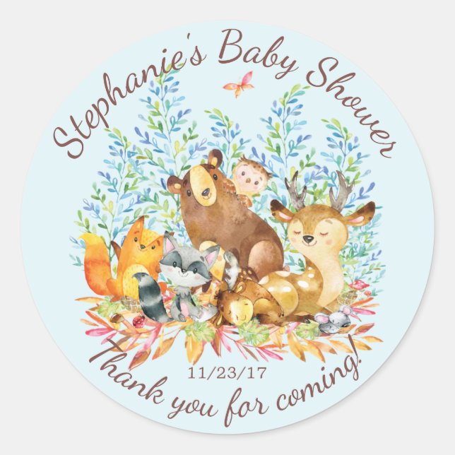 Woodland Animals Boys Baby Shower Favour Sticker (Front)