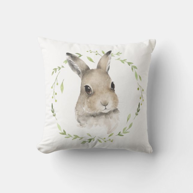 Woodland Animals Bunny Rabbit Watercolor Wreath Cushion (Front)