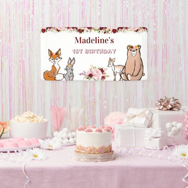 Woodland Animals Burgundy & Pink Floral Banner (Party)