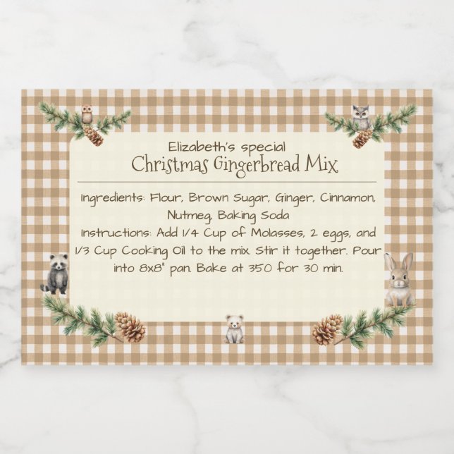 Woodland Animals Christmas Baking Mix Gingham Food Label (Single Label)
