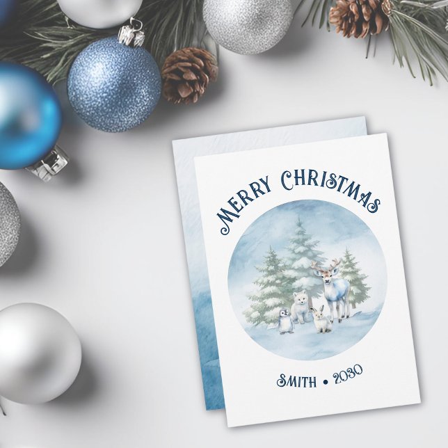 Woodland Animals Christmas Flat Holiday Card (Woodland Animal Flat Christmas card, blue and white watercolor with white background)