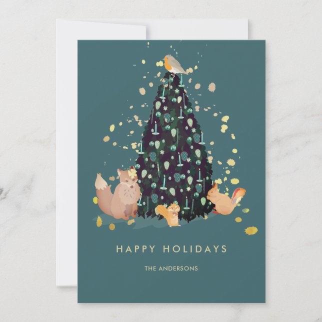Woodland Animals Christmas Tree Teal Holiday Card (Front)