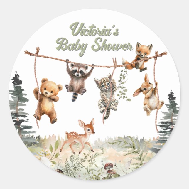 Woodland Animals Clothesline Forest Baby Shower Classic Round Sticker (Front)