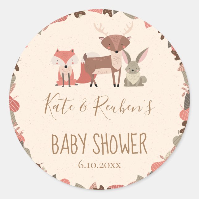 Woodland Animals Couples Baby Shower Classic Round Sticker (Front)