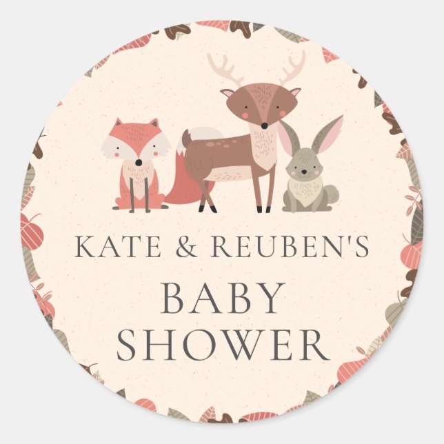 Woodland Animals Couples Baby Shower Classic Round Sticker (Front)