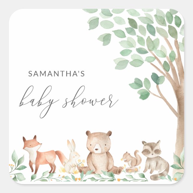 Woodland Animals Cute Gender Neutral Baby Shower Square Sticker (Front)