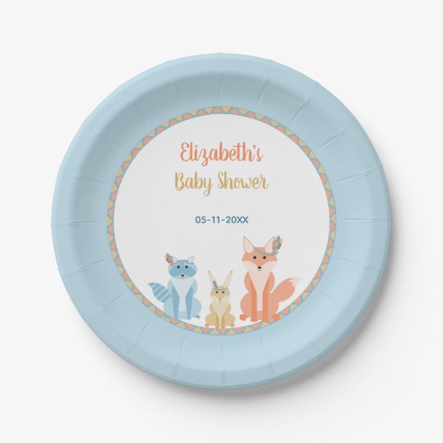 Woodland Animals Cute Tribal Boho Boy Baby Shower Paper Plate (Front)