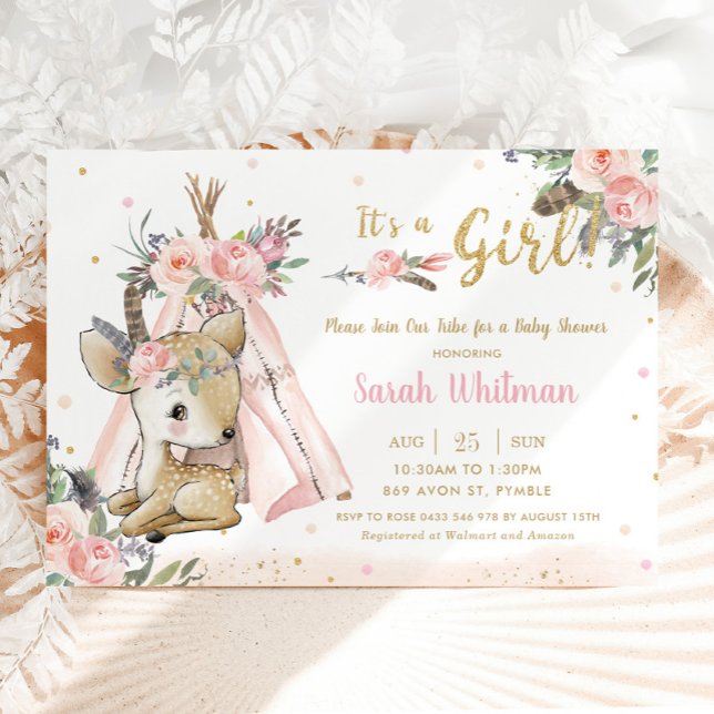 Woodland Animals Deer Boho Tribal Girl Baby Shower Invitation (Creator Uploaded)