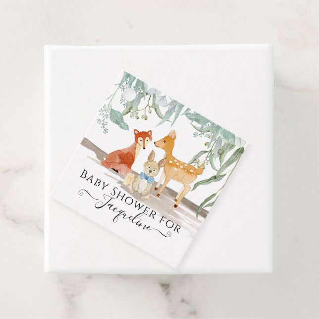 Woodland Animals Deer Rabbit Fox Baby Boy Shower Favour Tags (In Situ)
