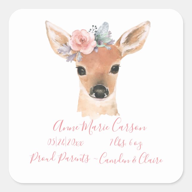 Woodland Animals Deer Watercolor Announcement Square Sticker (Front)