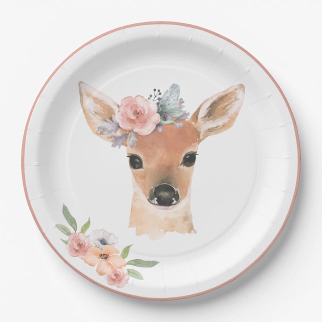 Woodland Animals Deer Watercolor Floral Paper Plate (Front)