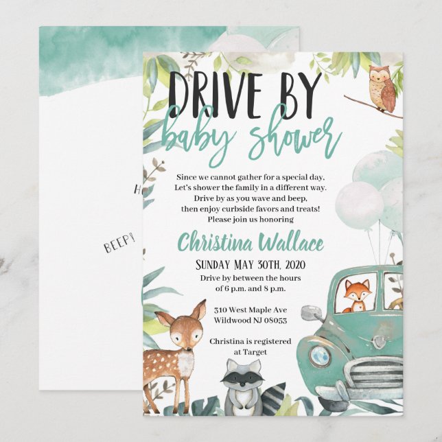 Woodland Animals Drive By Baby Shower Invitations (Front/Back)