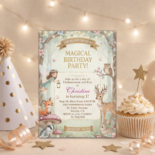 Woodland Animals Fairy First 1st Birthday Party Invitation