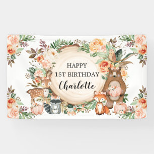 Woodland Animals Fall Autumn Floral Happy Birthday Banner