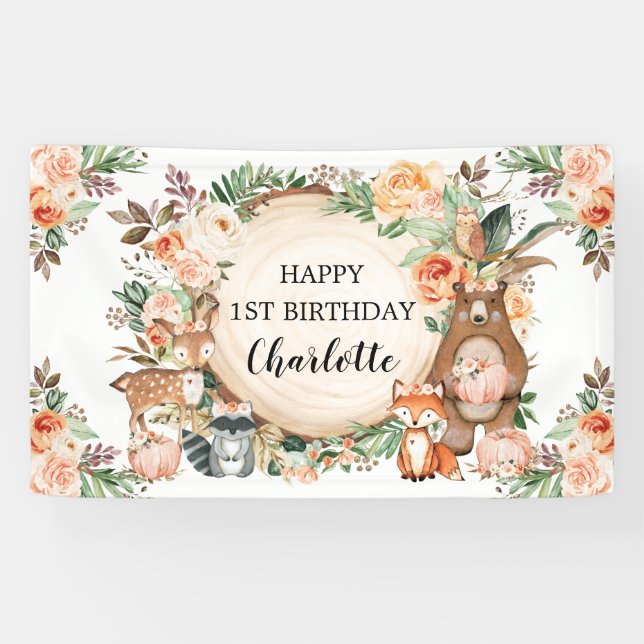 Woodland Animals Fall Autumn Floral Happy Birthday Banner (Horizontal)