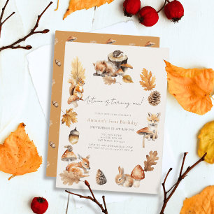 Woodland Animals Fall/Autumn Mushroom 1st Birthday Invitation