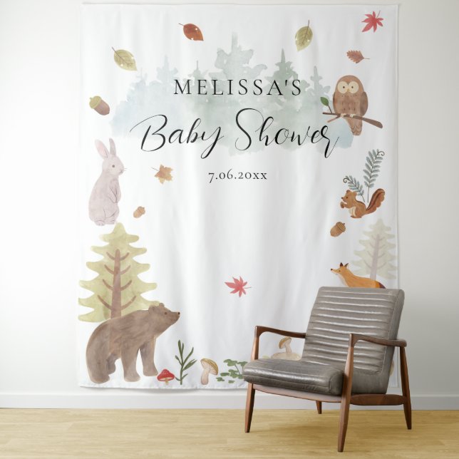 Woodland Animals Fall Baby Shower Backdrop Tapestry (In Situ)