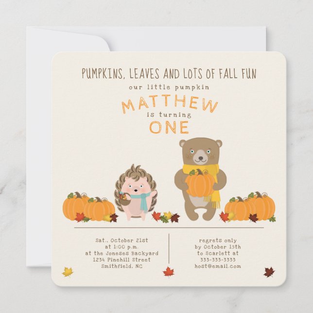 Woodland Animals Fall Birthday Invitation (Front)