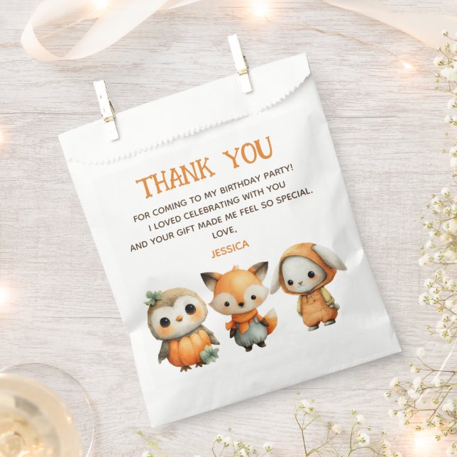 Woodland Animals Fall Kids' Birthday Thank You Favour Bags (Clipped)