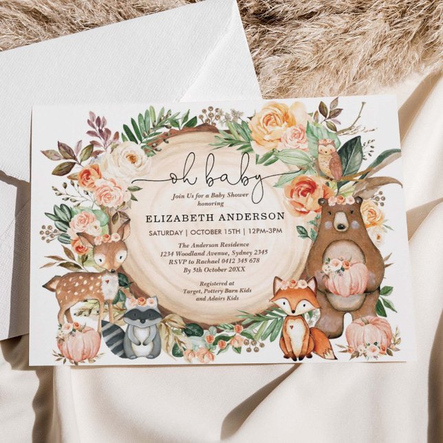 Woodland Animals Fall Pumpkin Floral Baby Shower Invitation (Creator Uploaded)