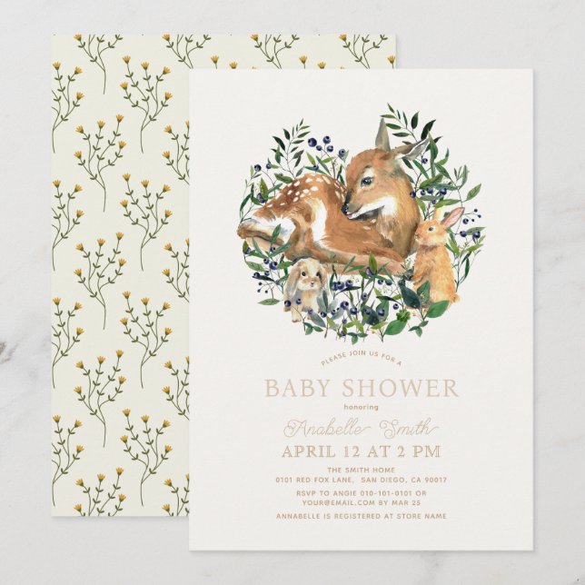 Woodland Animals Fawn Bunny Greenery Baby Shower Invitation (Front/Back)