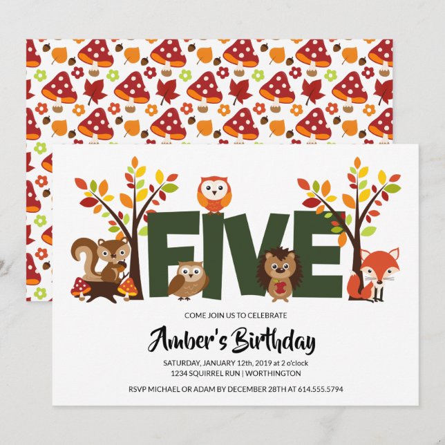 Woodland Animal's Fifth Birthday Party Invitation (Front/Back)