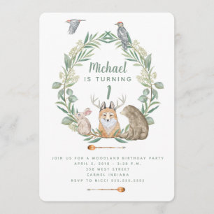 Woodland Animals First Birthday Party Invitation