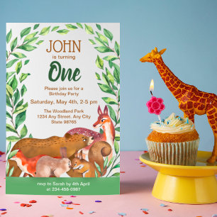 Woodland Animals First Birthday Party Invitation