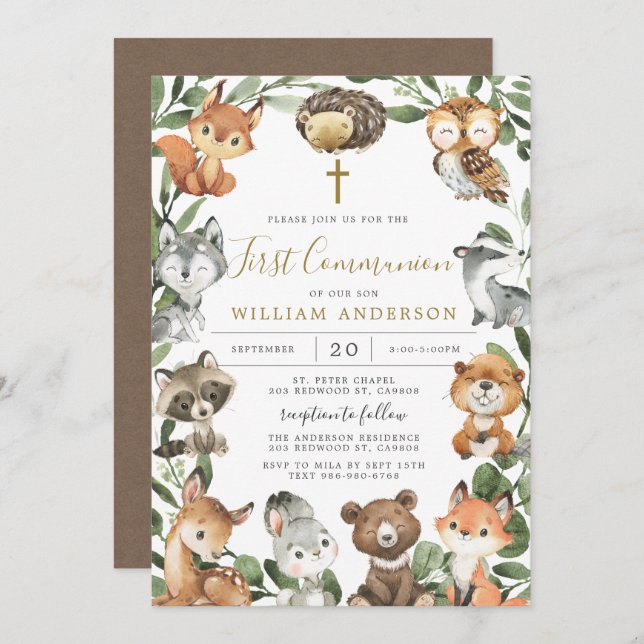 Woodland Animals First Communion Invitation (Front/Back)