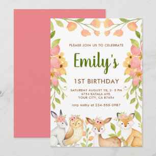 Woodland Animals Floral 1st Birthday Party Invitation