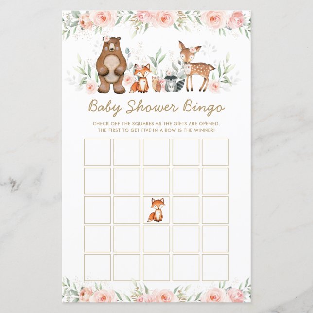 Woodland Animals Floral Baby Shower Bingo Game (Front)