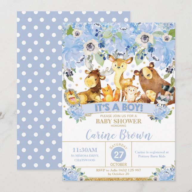 Woodland Animals Floral Baby Shower Invitation Boy (Front/Back)