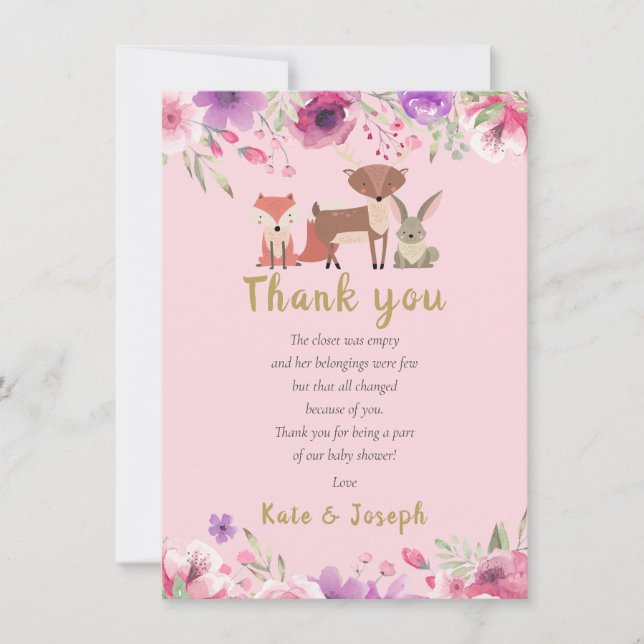 Woodland Animals Floral Baby Shower Thank You Poem Card (Front)