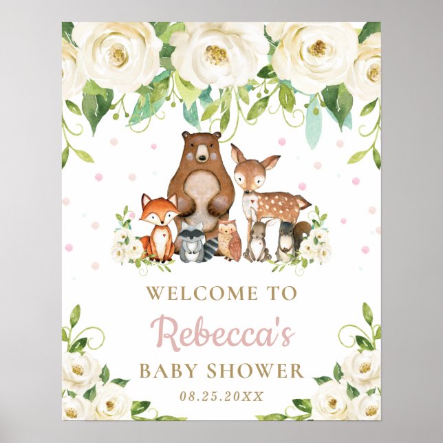 Woodland Animals Floral Baby Shower Welcome Sign (Front)