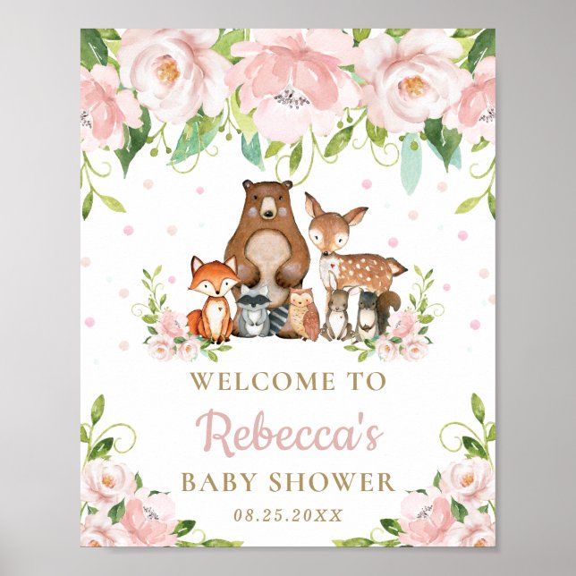 Woodland Animals Floral Baby Shower Welcome Sign (Front)