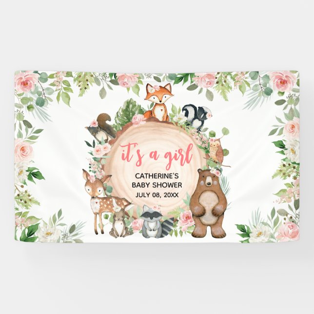 Woodland Animals Floral Wood Slice Baby Shower Banner (Horizontal)