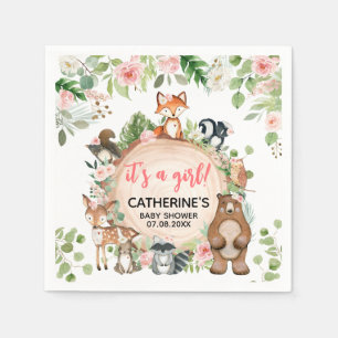 Woodland Animals Floral Wood Slice Baby Shower Napkin