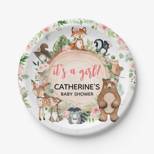 Woodland Animals Floral Wood Slice Baby Shower Paper Plate (Front)