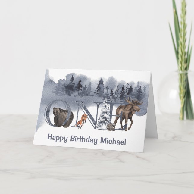 Woodland Animals Forest 1st First Birthday One Card (Front)