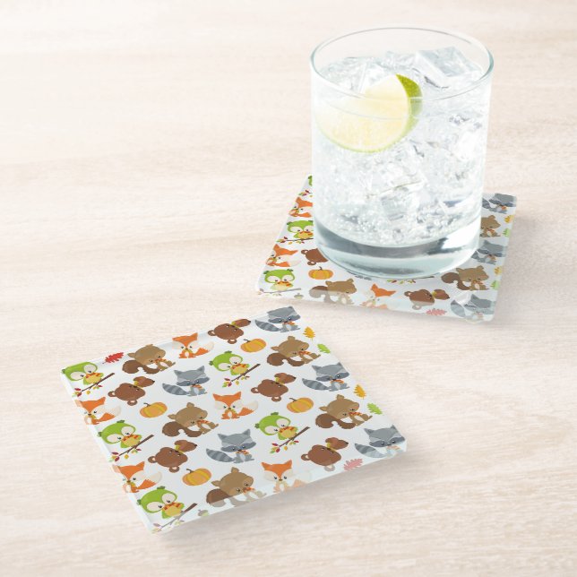 Woodland Animals, Forest Animals, Fall Animals Glass Coaster (Angled)