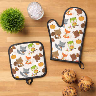 Woodland Animals, Forest Animals, Fall Animals Oven Mitt & Pot Holder Set